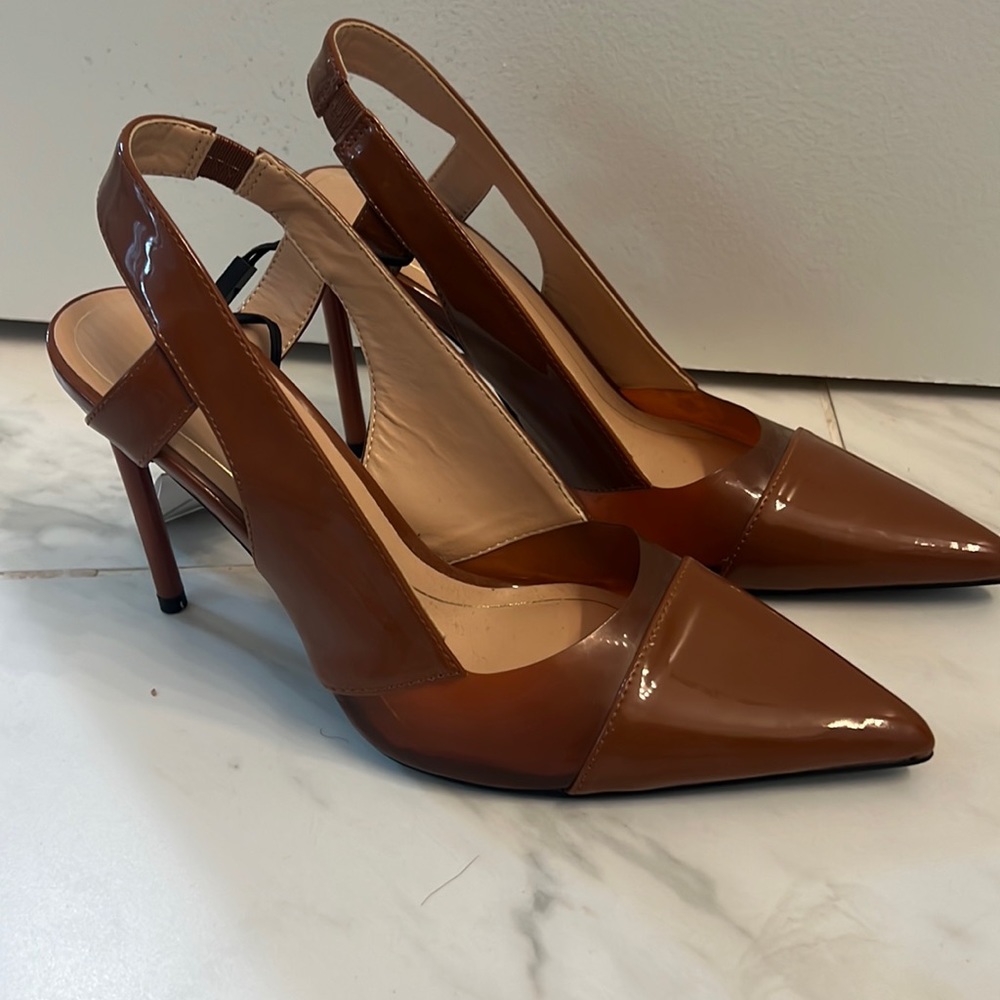 Zara cognac patent and pvc heel 38